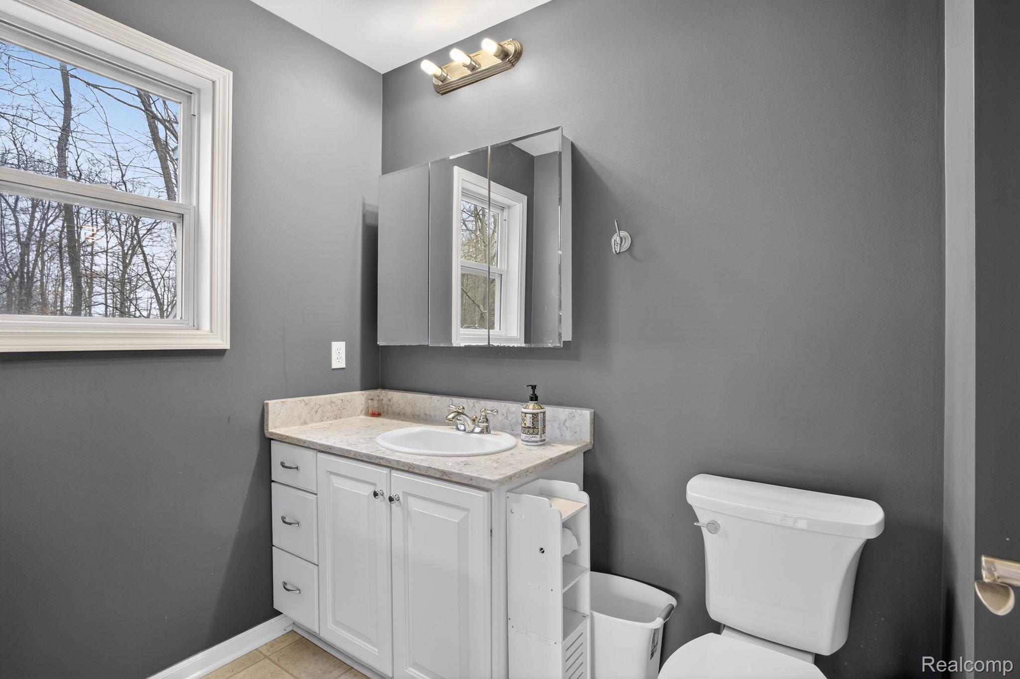 9055 Hegel Road Grand Blanc, MI 48439 - Photo 34 of 62 Bathroom featuring a window with exterior visibility, a vanity with white cabinetry, a light-colored countertop, and a wall-mounted medicine cabinet with an integrated mirror