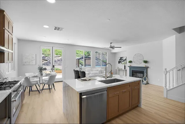 a view of a dining room with furniture window and outside view