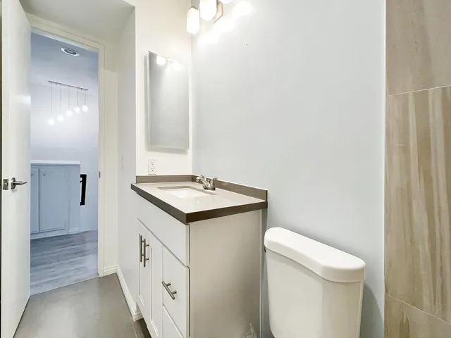 a bathroom with a sink a toilet and vanity