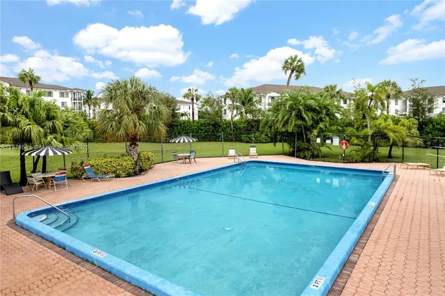 a view of a swimming pool with a garden and plants