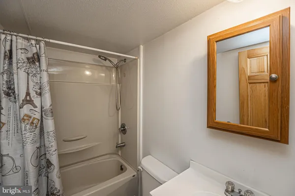 a bathroom with a shower curtain and a sink