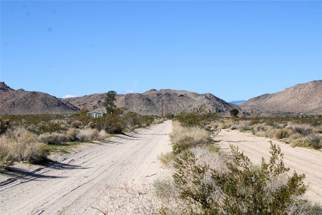 62999 East Broadway Joshua Tree, CA 92252 - Photo 16 of 23 a view of a dry yard with mountains in the background