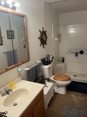 a bathroom with a sink mirror and toilet