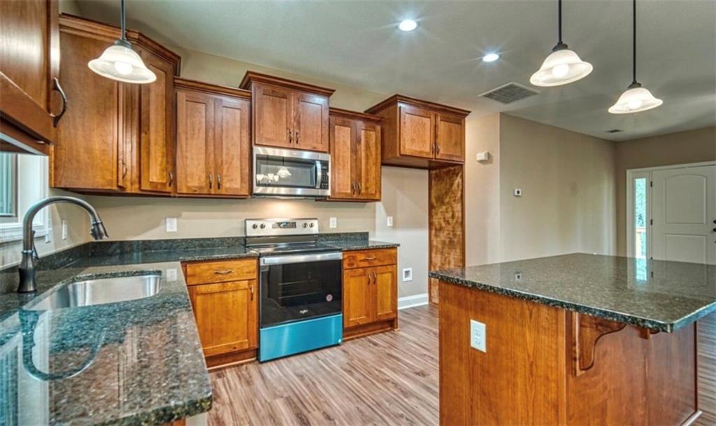 199 Lola Mae Way Morganton, GA 30560 - Photo 9 of 39 a kitchen with stainless steel appliances granite countertop a sink a stove and a wooden floors