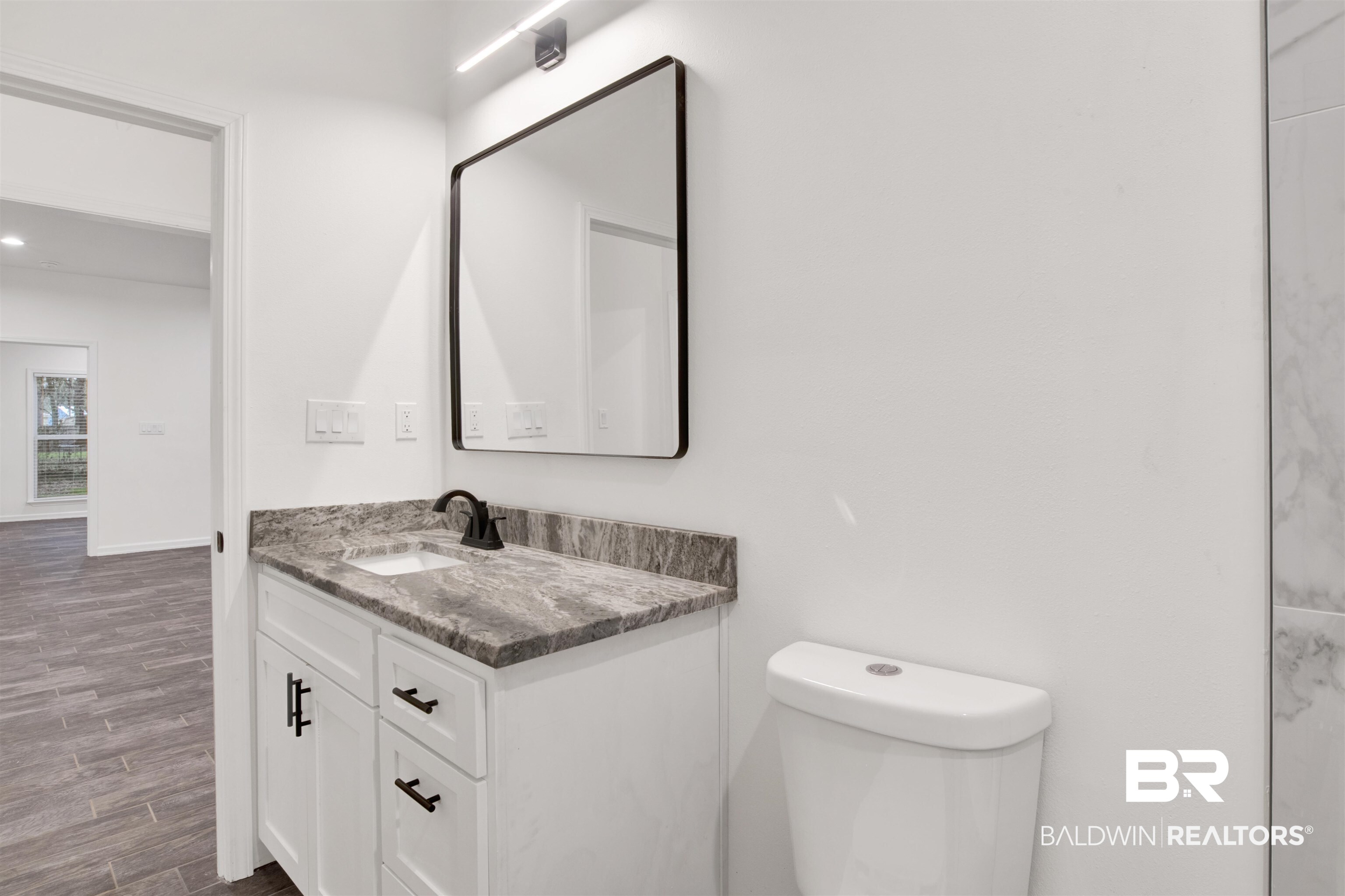 10871 Somerset Road Grand Bay, AL 36541 - Photo 24 of 31 Bathroom featuring toilet, vanity, and wood-type flooring