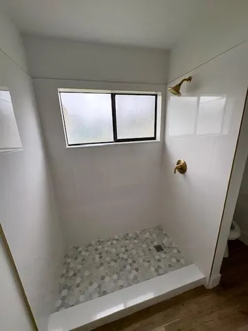 a bathroom with a window
