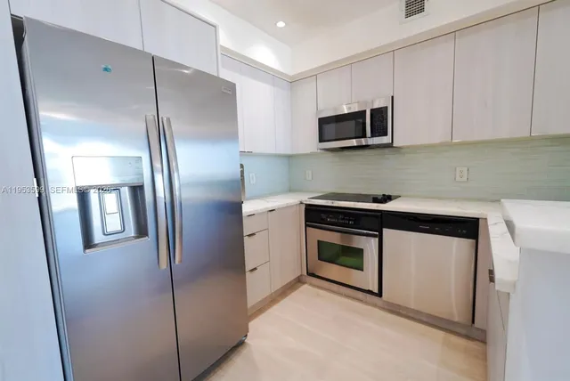 a kitchen with stainless steel appliances cabinets a sink and a microwave