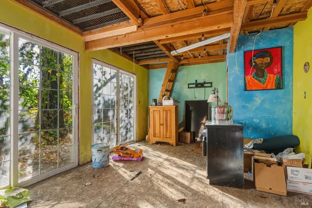 a view of a garden with lawn chairs