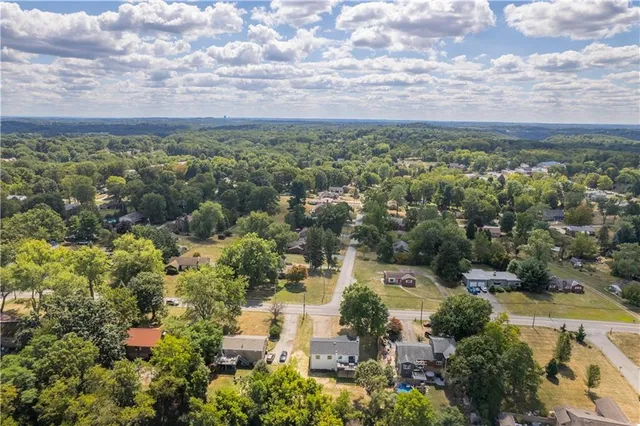 an aerial view of residential houses with outdoor space and trees