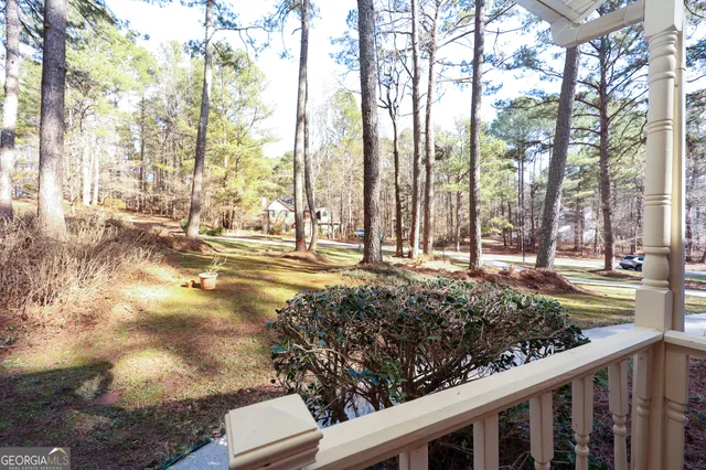 a view of a yard with plants and trees