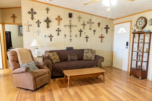 a living room with furniture and a rug