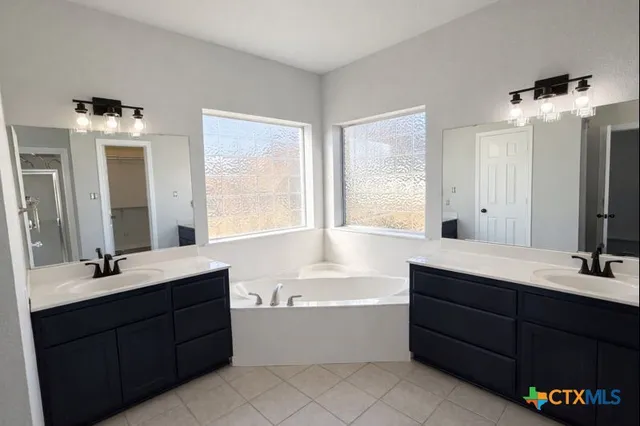 a bathroom with a tub double vanity sink and mirror