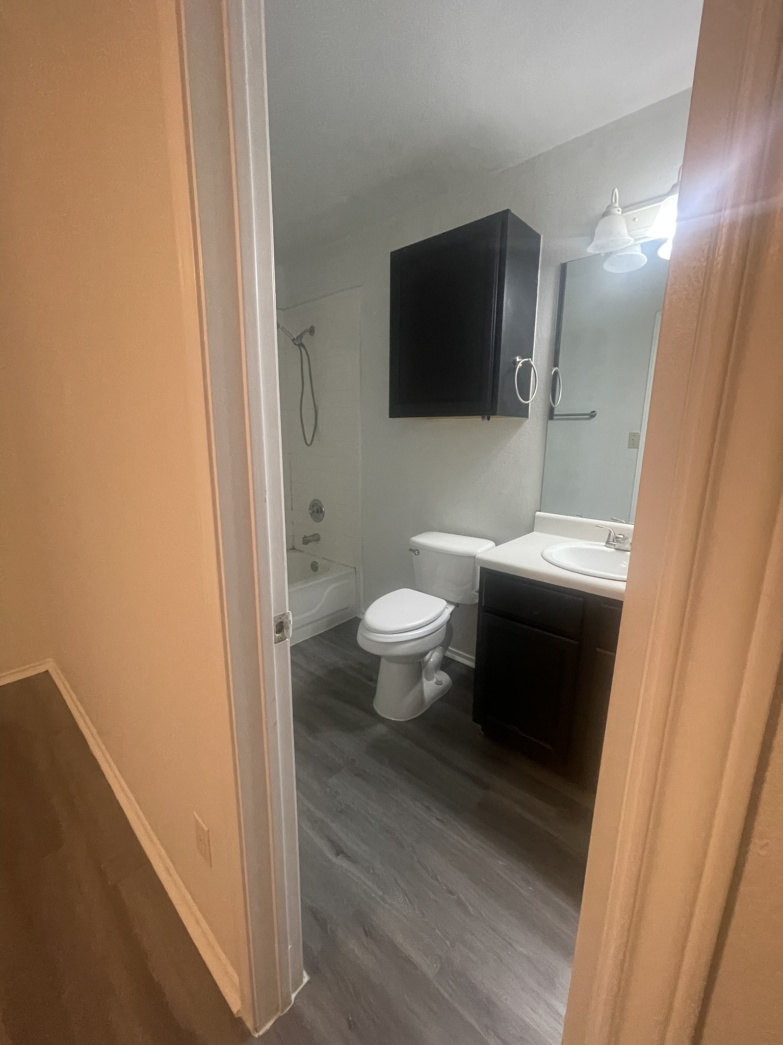 221 Britni Loop Kyle, TX 78640 - Photo 8 of 20 Bathroom with dark wood finished floors, vanity, and shower combination