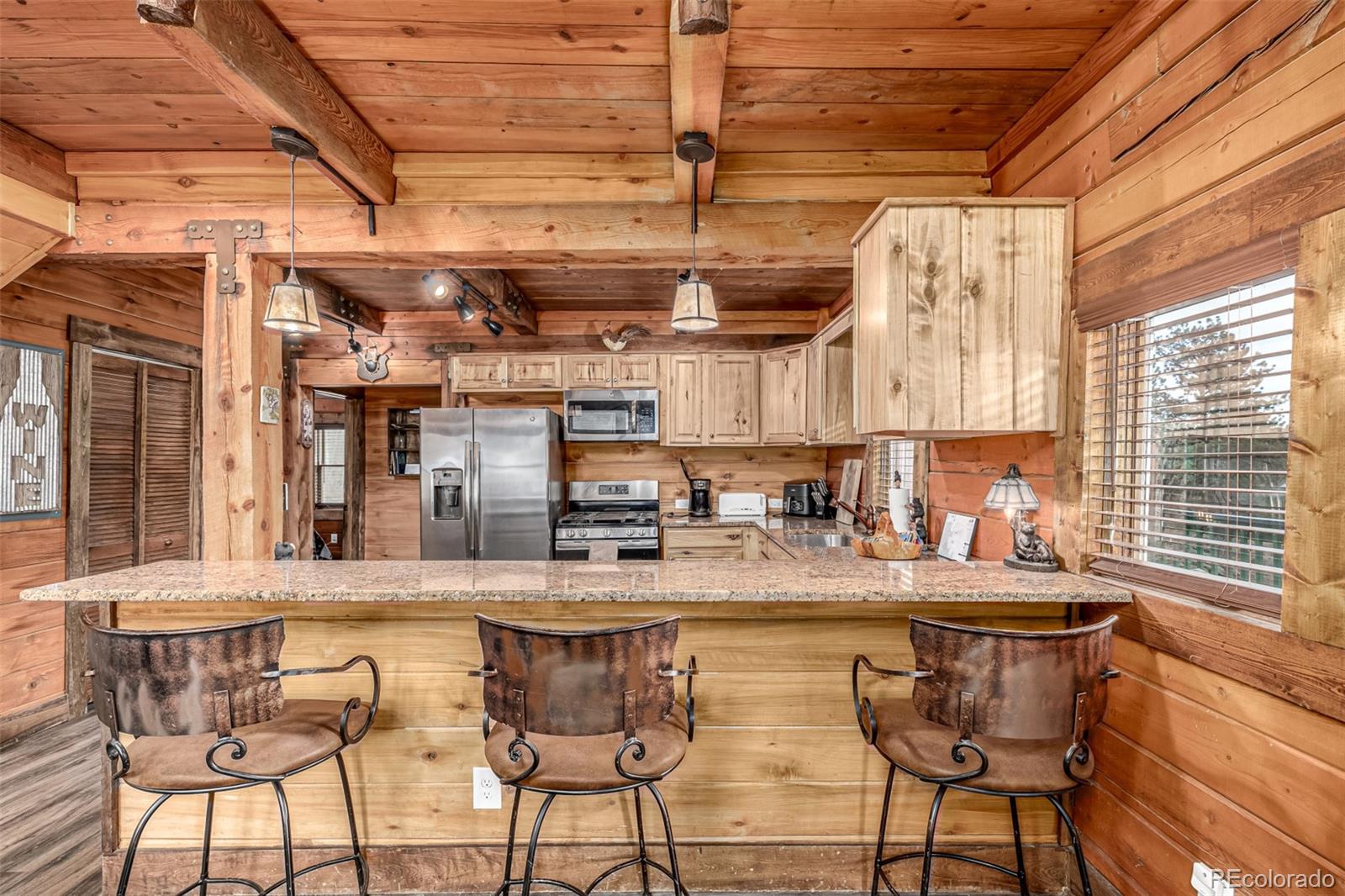 116 Dakota Path Lake George, CO 80827 - Photo 14 of 38 a kitchen with stainless steel appliances kitchen island granite countertop a table chairs in it and wooden floors