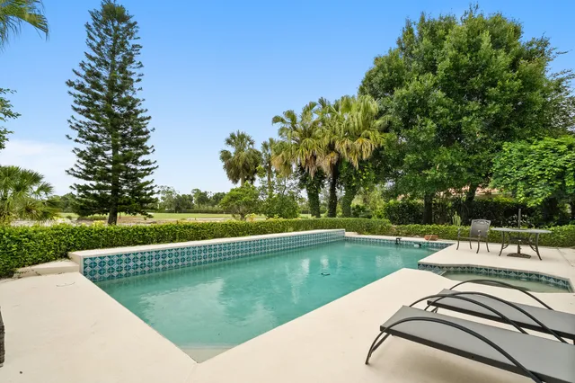 a view of a swimming pool and trees in the background