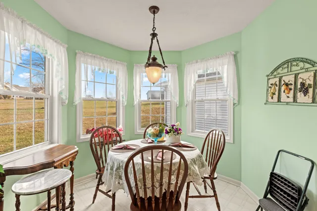 a view of a dining room with furniture window and outside view