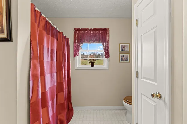 a bathroom with a toilet and a shower curtain