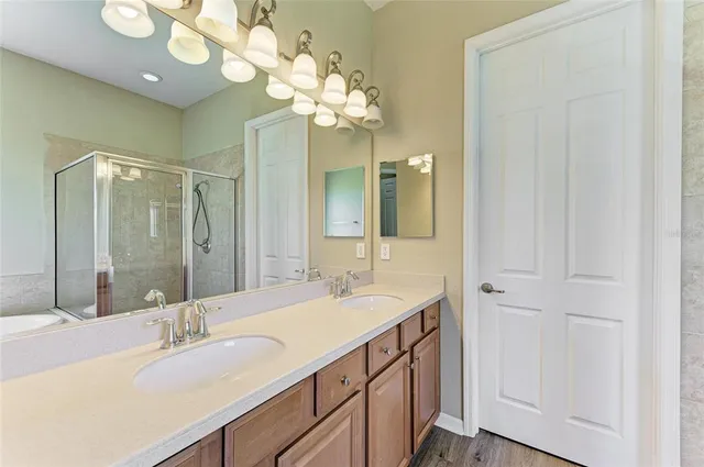 a bathroom with a sink vanity and a mirror