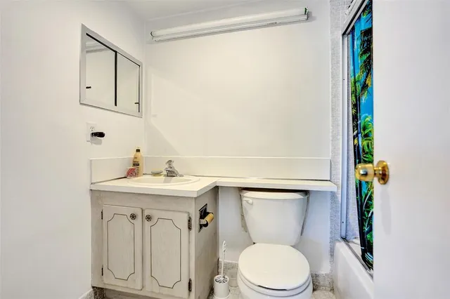 a bathroom with a toilet a sink and mirror