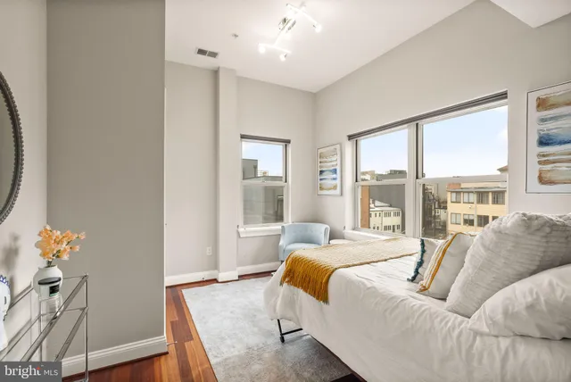 a spacious bedroom with a bed and a potted plant