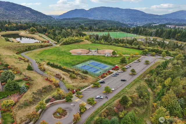 a view of a lake with a city
