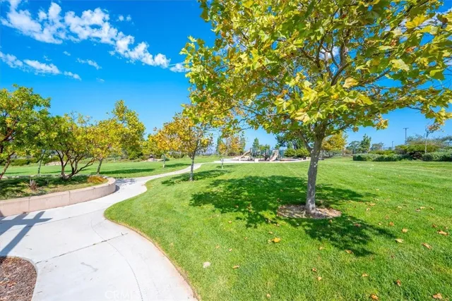 a patio with table and chairs and potted plants