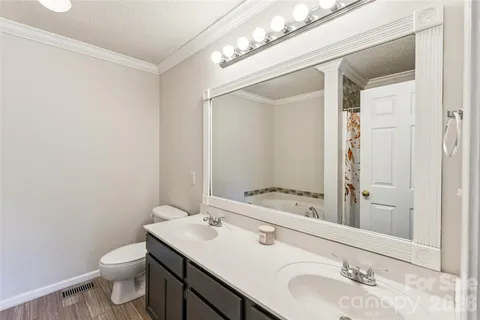 a bathroom with a granite countertop sink toilet and mirror