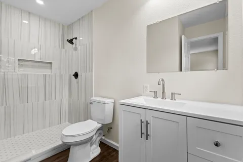 a bathroom with a shower and toilet