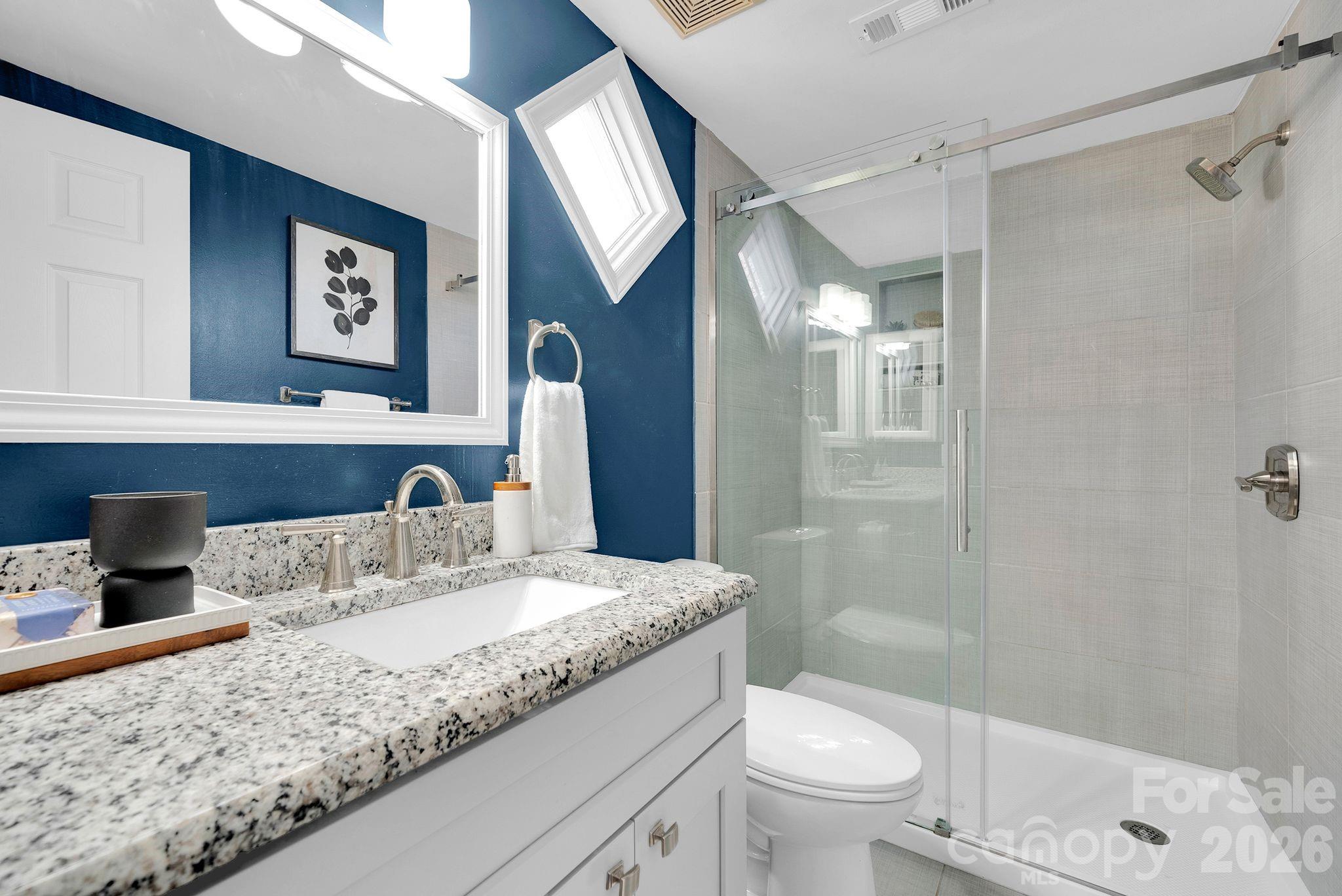 300 South Cedar Street, Unit 2 Charlotte, NC 28202 - Photo 16 of 29 a bathroom with a granite countertop sink toilet and shower