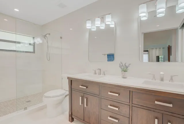 a bathroom with a toilet a sink a mirror a vanity and shower