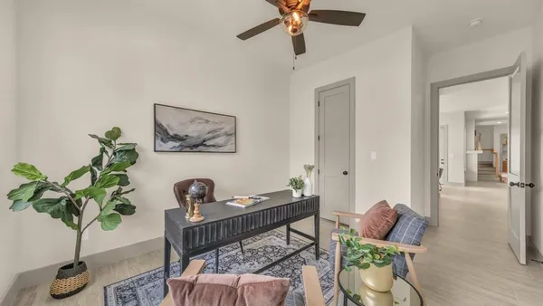 a living room with furniture potted plant and a lamp
