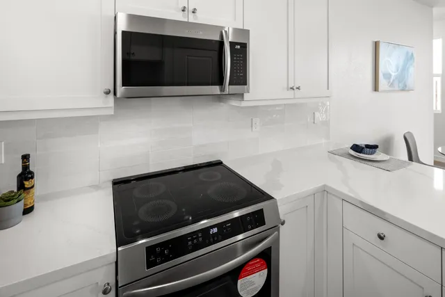 a kitchen with a stove and a microwave