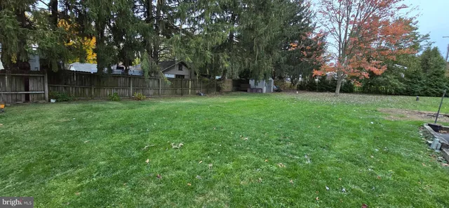 a view of a backyard with large trees