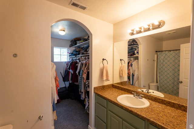 1443 West 250 North Springville, UT 84663 - Photo 16 of 23 Bathroom vanity featuring a single basin sink, a speckled countertop, and light green cabinetry