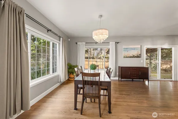 a view of a dining room with furniture window and wooden floor