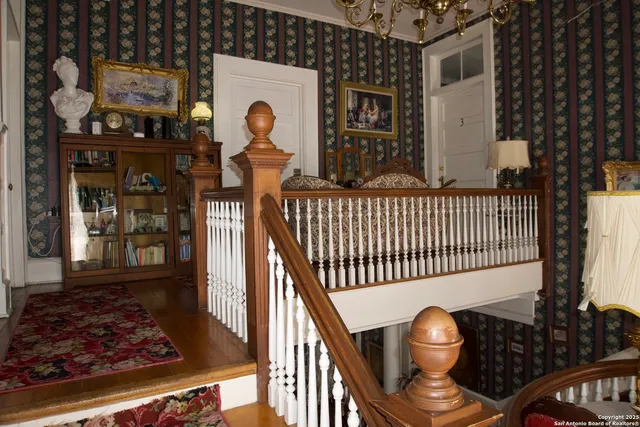 a view of a porch with wooden floor