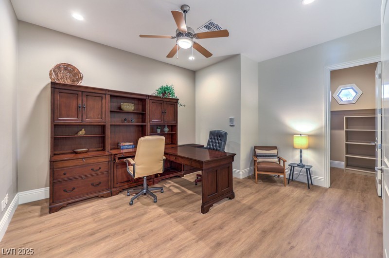 9135 Hickam Avenue Las Vegas, NV 89129 - Photo 26 of 75 Office space with a ceiling fan, light wood-type flooring, and recessed lighting