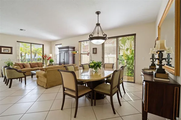 a view of a dining room with furniture window and outside view