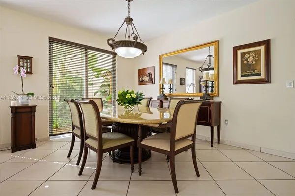 a view of a dining room with furniture and window