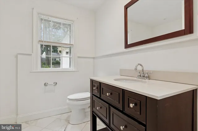 a bathroom with a sink vanity and a toilet