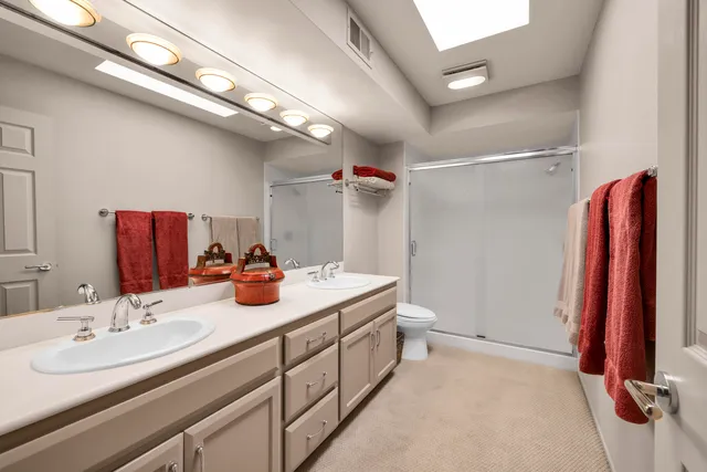 a bathroom with a sink a toilet and a mirror