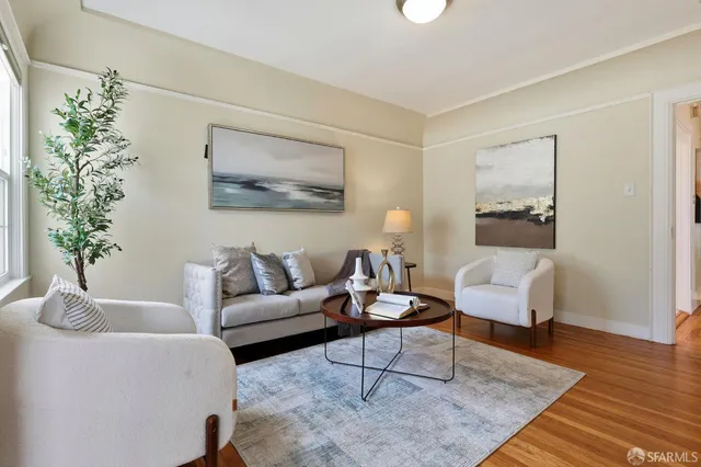 a living room with furniture and a potted plant