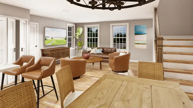 a living room with furniture a large window and wooden floor