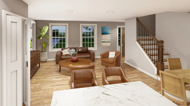 a living room with furniture and large windows