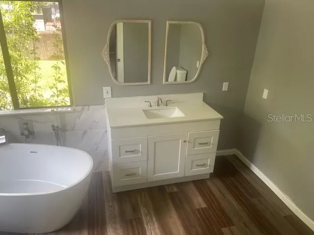 a bathroom with a sink a mirror and a bathtub