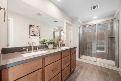 a bathroom with a double vanity sink mirror and shower