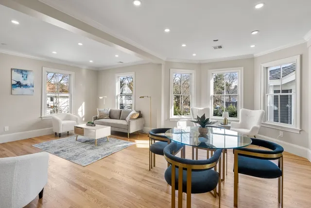 a living room with fireplace furniture and a potted plant