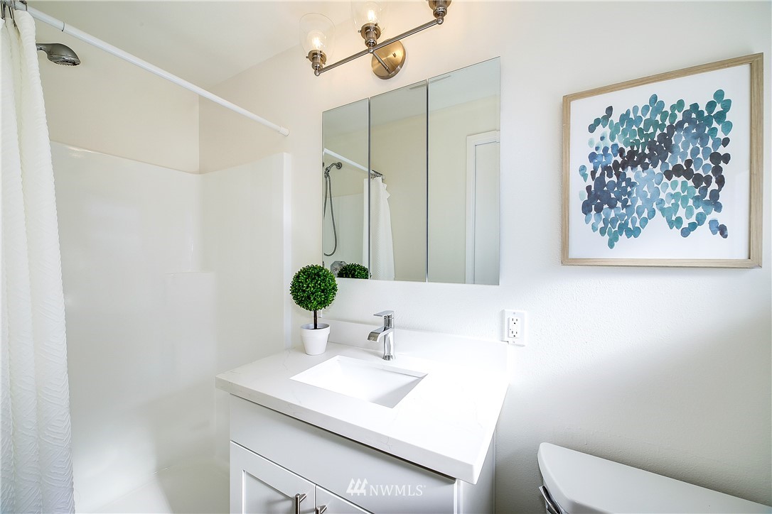 4119 Southwest Rose Street Seattle, WA 98136 - Photo 14 of 27 a bathroom with a sink vanity mirror and toilet