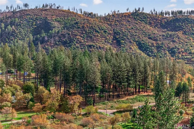 an aerial view of residential house with outdoor space and trees
