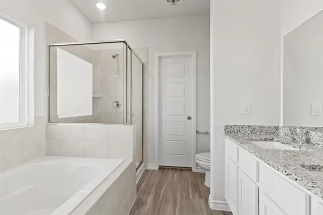 a bathroom with a granite countertop sink a toilet and shower